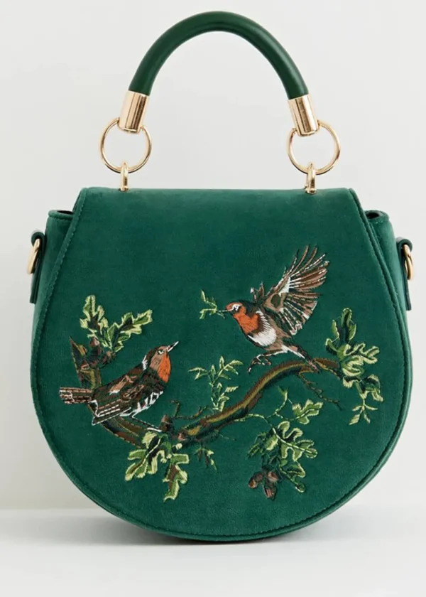 Fable England Robin Bird Velvet Saddle 40's Bag Green