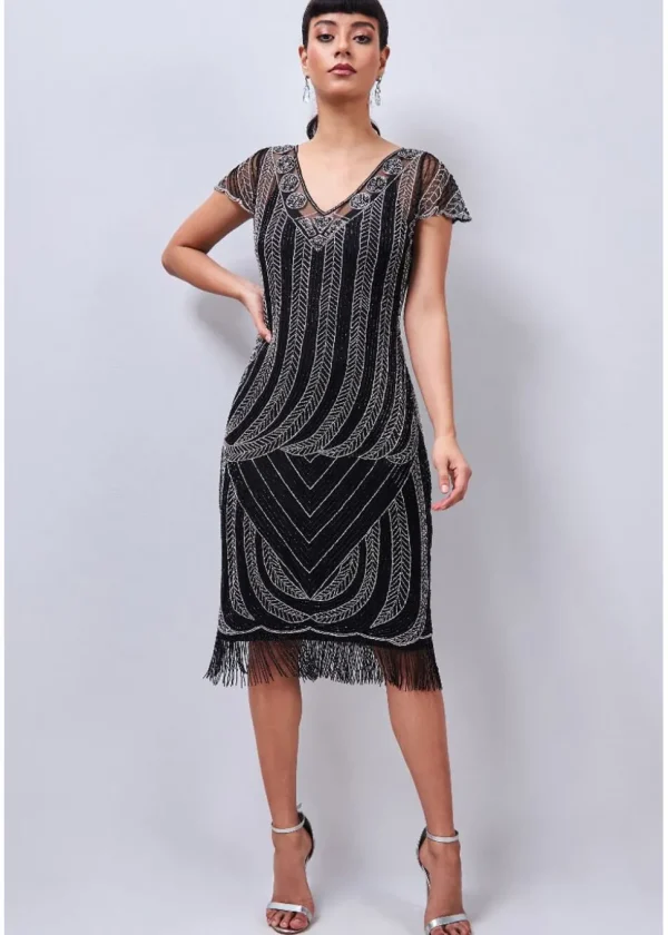 Gatsbylady Dorothy Fringe 20's Flapper Dress Black Silver