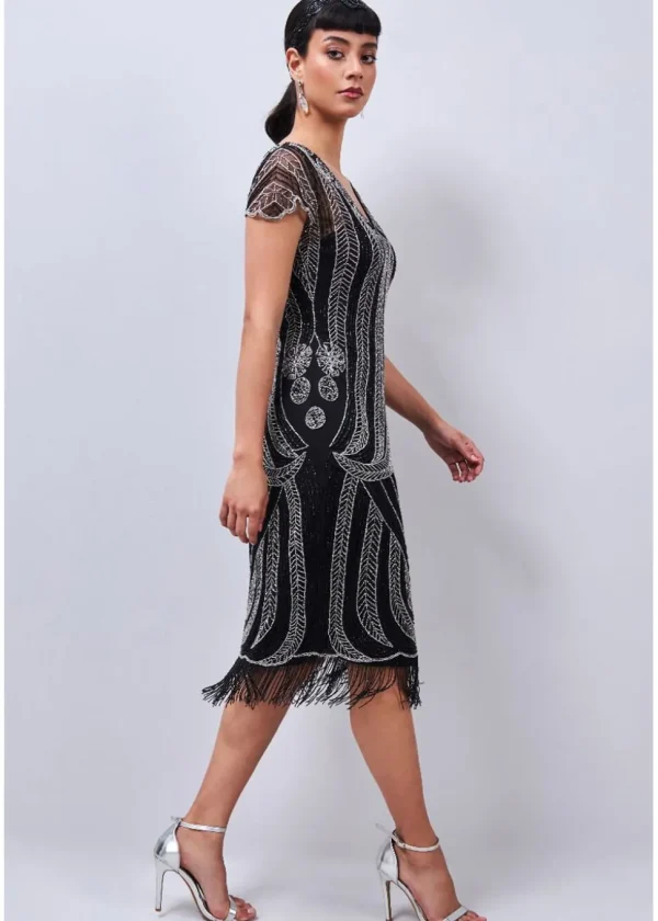 Gatsbylady Dorothy Fringe 20's Flapper Dress Black Silver