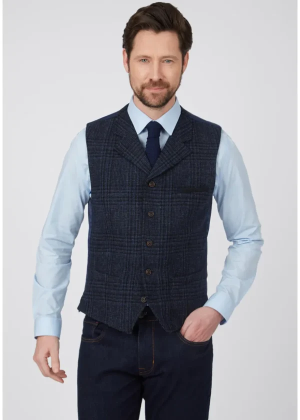 Gibson London Gerard Grouse Check Gilet Navy Black