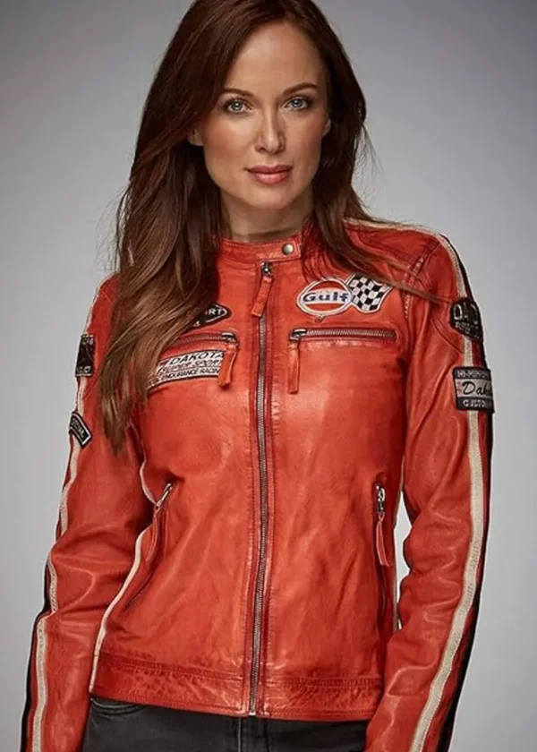 Grand Prix Women's Gulf Racing Leather Jacket Orange