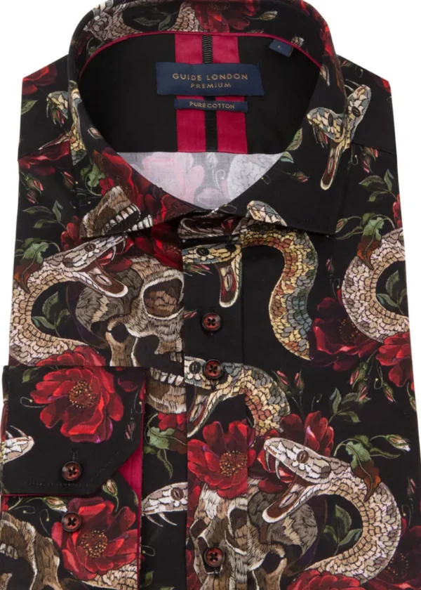 Guide London Mens Snake Skulls & Roses Shirt Black