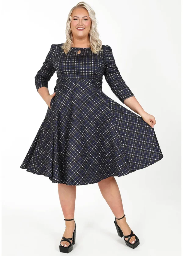 Hearts & Roses Anna Check 50's Swing Dress Navy