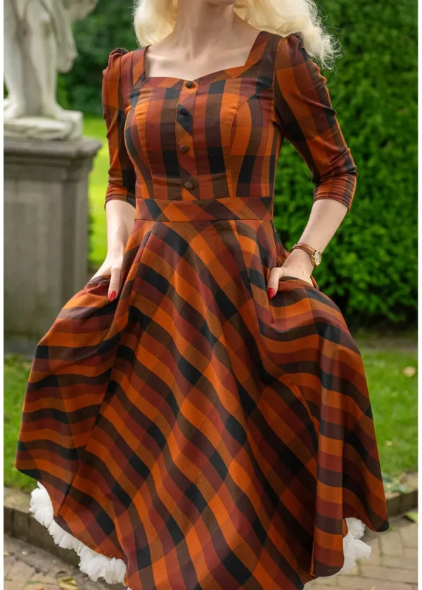 Hearts & Roses Caitlin Check 50's Swing Dress Orange