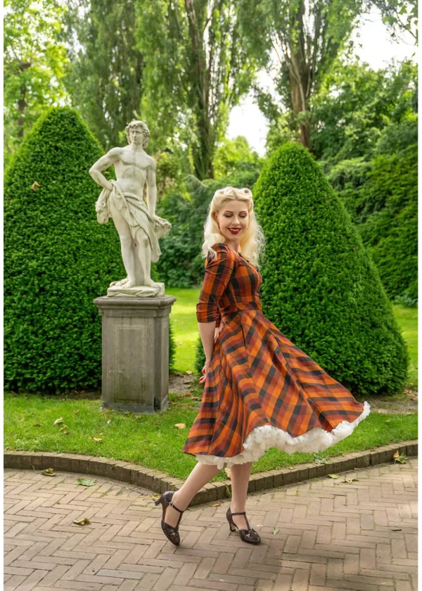 Hearts & Roses Caitlin Check 50's Swing Dress Orange