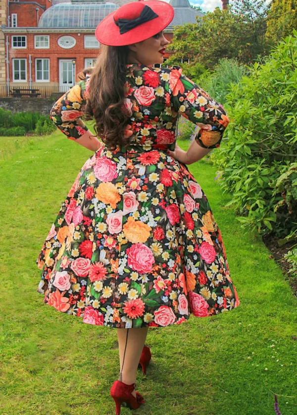 Hearts & Roses Cassidy Floral 50's Swing Dress Black