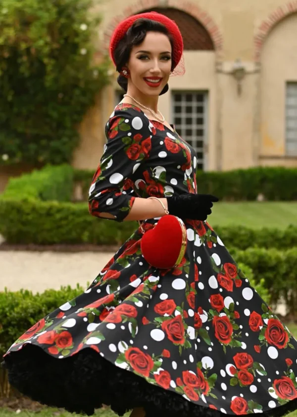 Hearts & Roses Catriona Roses 50's Swing Dress Black