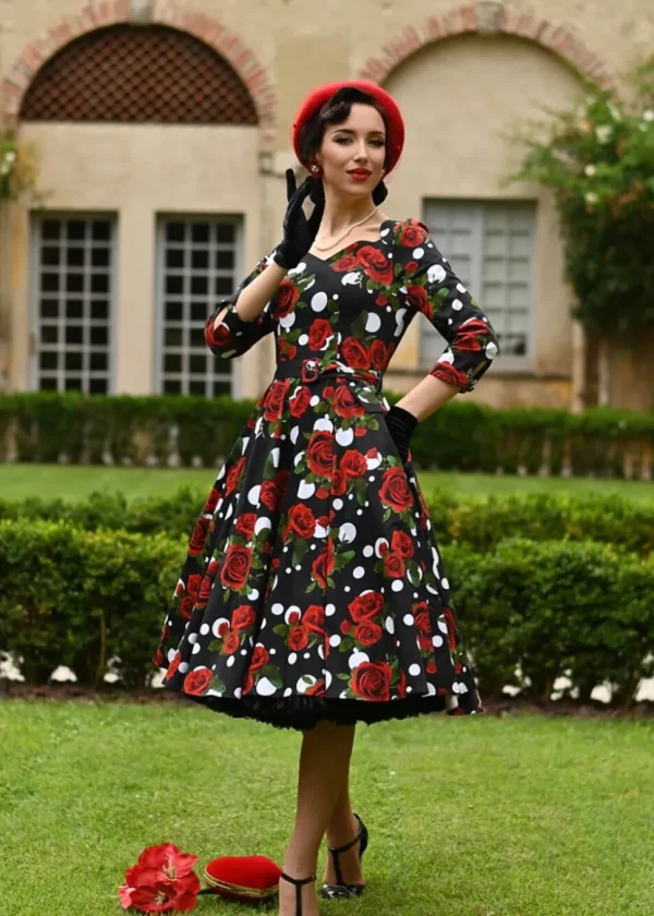 Hearts & Roses Catriona Roses 50's Swing Dress Black