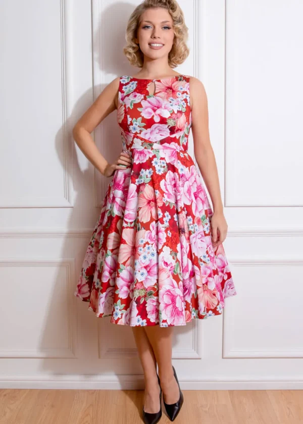 Hearts & Roses Charlie Floral 50's Swing Dress Red