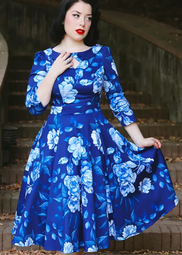 Hearts & Roses Dafney Floral 50's Swing Dress Blue
