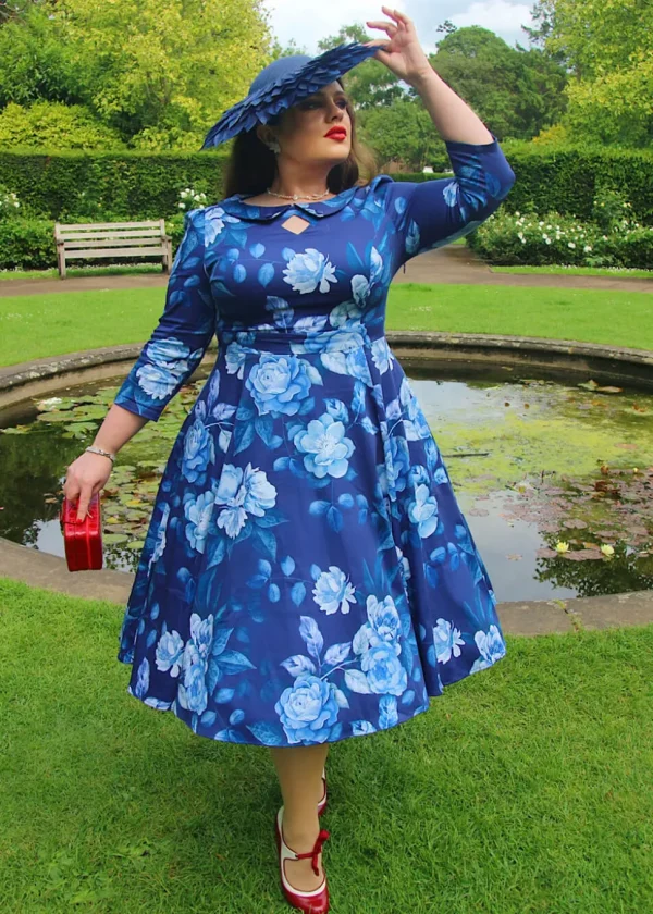 Hearts & Roses Dafney Floral 50's Swing Dress Blue