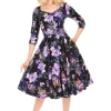 Hearts & Roses Faye Floral 50's Swing Dress Black Purple