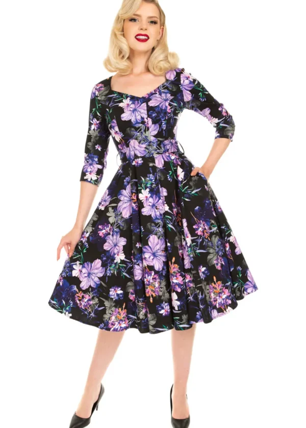 Hearts & Roses Faye Floral 50's Swing Dress Black Purple