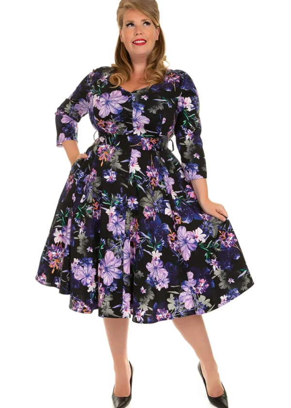 Hearts & Roses Faye Floral 50's Swing Dress Black Purple