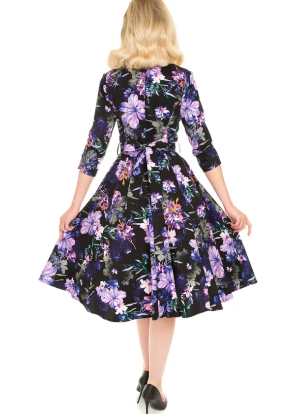 Hearts & Roses Faye Floral 50's Swing Dress Black Purple