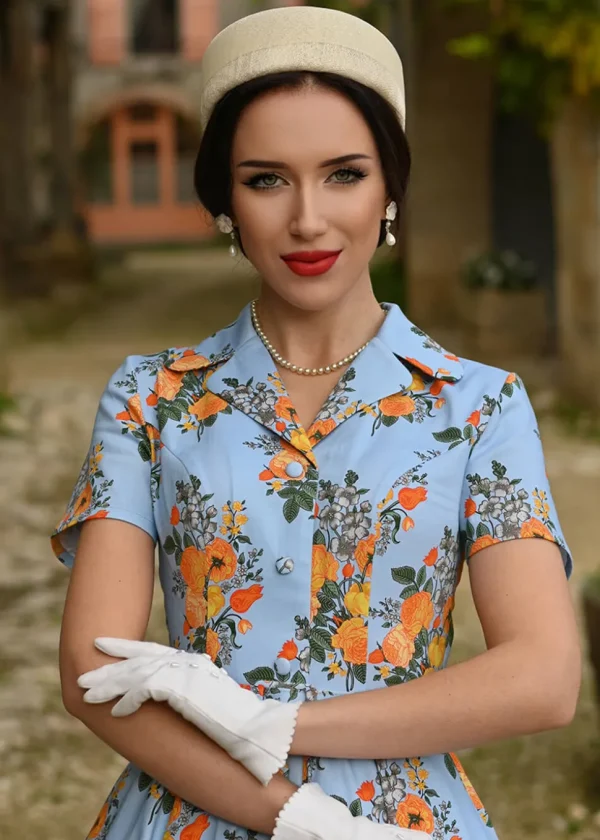 Hearts & Roses Hallie Floral 50's Swing Dress Blue