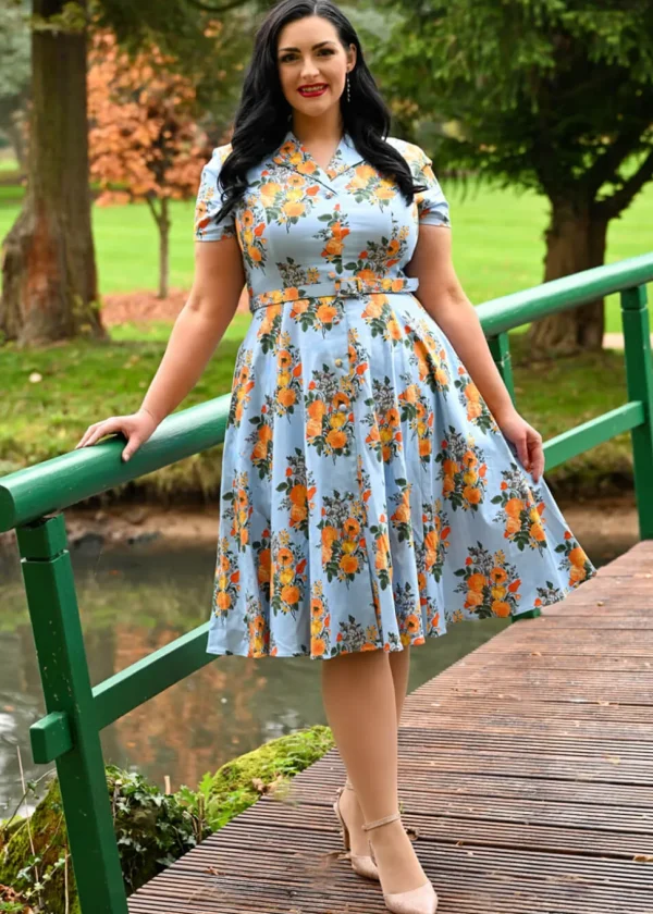 Hearts & Roses Hallie Floral 50's Swing Dress Blue