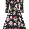Hearts & Roses Helen Floral 50's Swing Dress Black