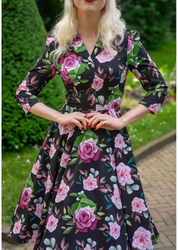 Hearts & Roses Helen Floral 50's Swing Dress Black