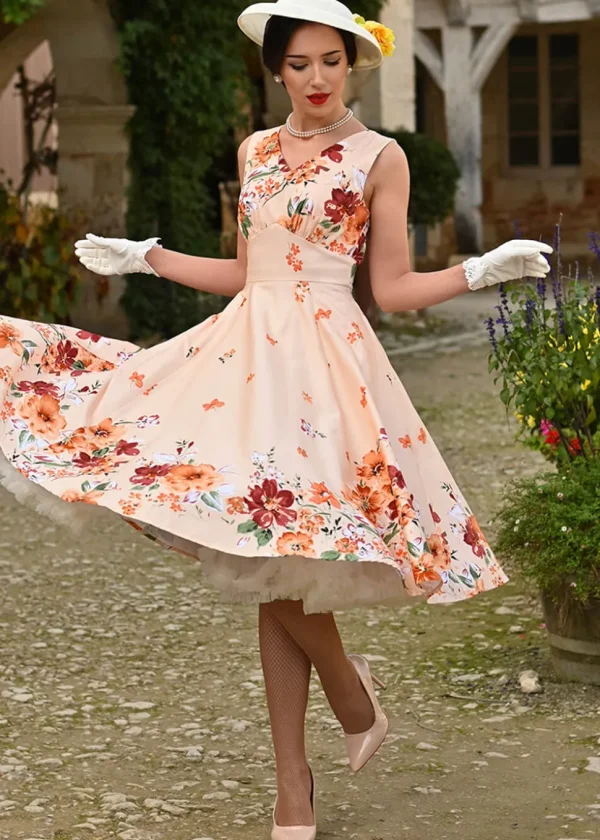 Hearts & Roses Jade Floral 50's Swing Dress Orange