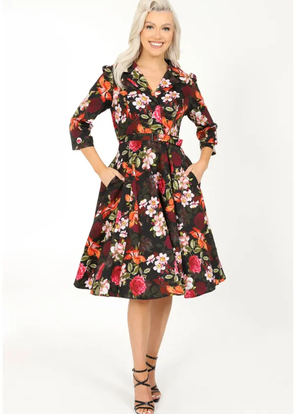 Hearts & Roses Kali Floral 50's Swing Dress Black