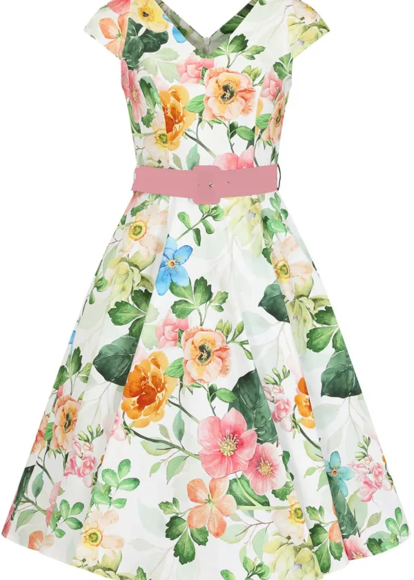 Hearts & Roses Lottie Floral 50's Swing Dress White
