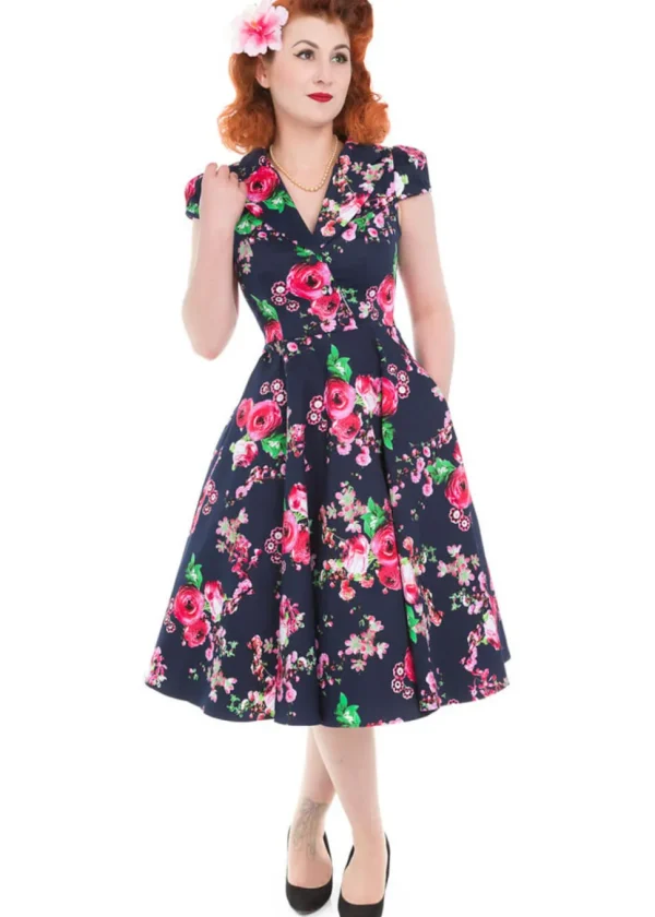 Hearts & Roses Midnight Garden 50's Swing Dress Navy