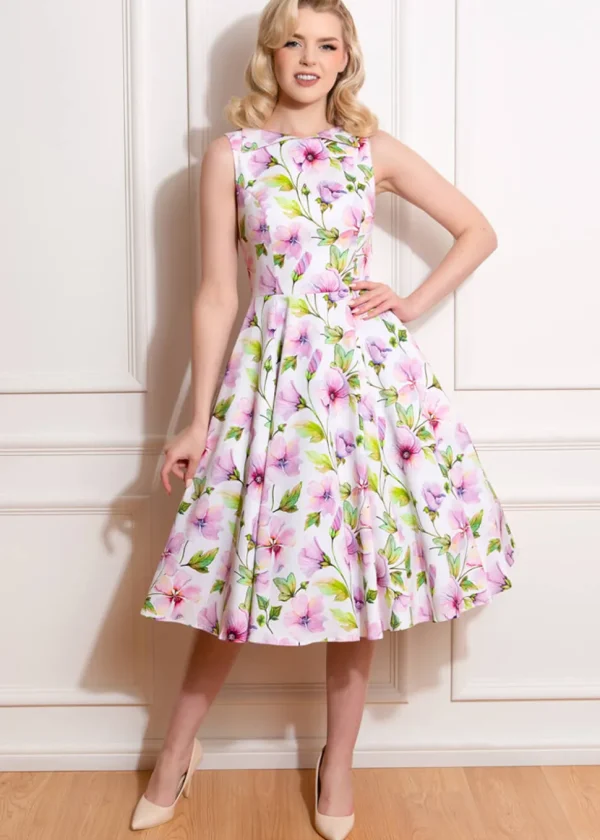 Hearts & Roses Naomi Floral 50's Swing Dress White