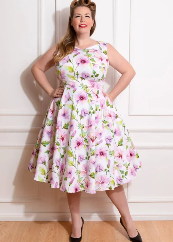 Hearts & Roses Naomi Floral 50's Swing Dress White