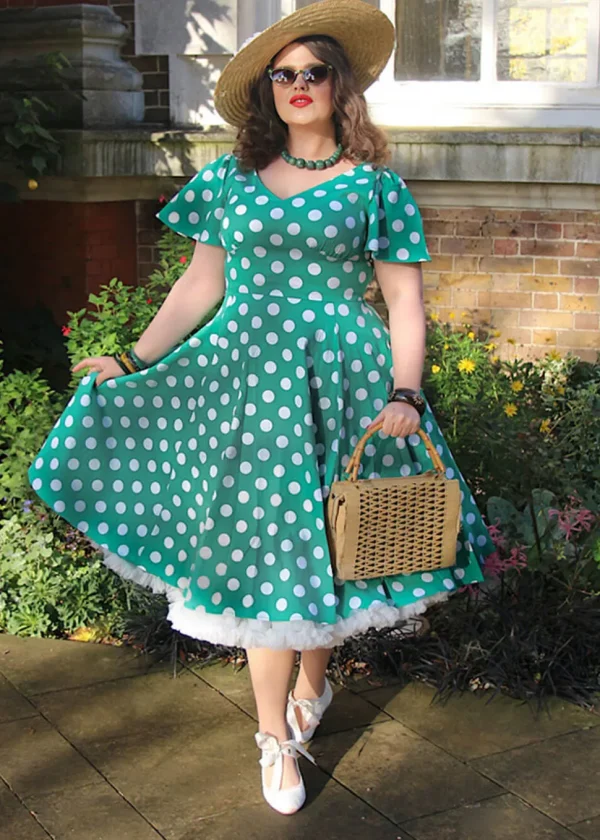 Hearts & Roses Nina Polkadot 50's Swing Dress Green