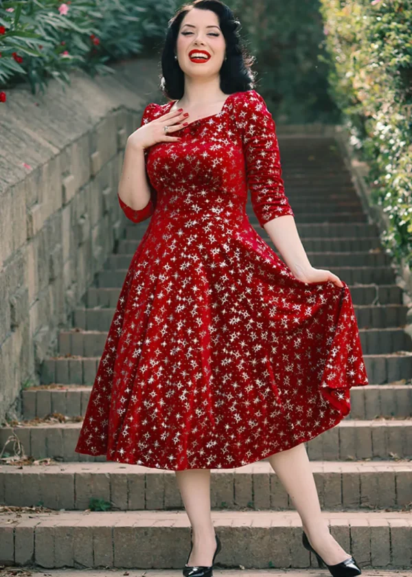 Hearts & Roses Paris Sparkle Velvet 50's Swing Dress Red