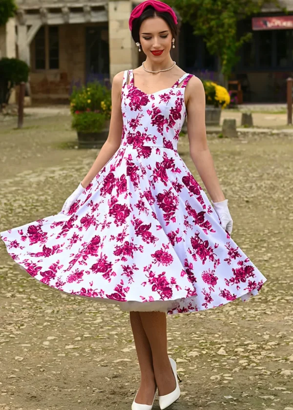 Hearts & Roses Rosaceae Floral 50's Swing Dress White Pink