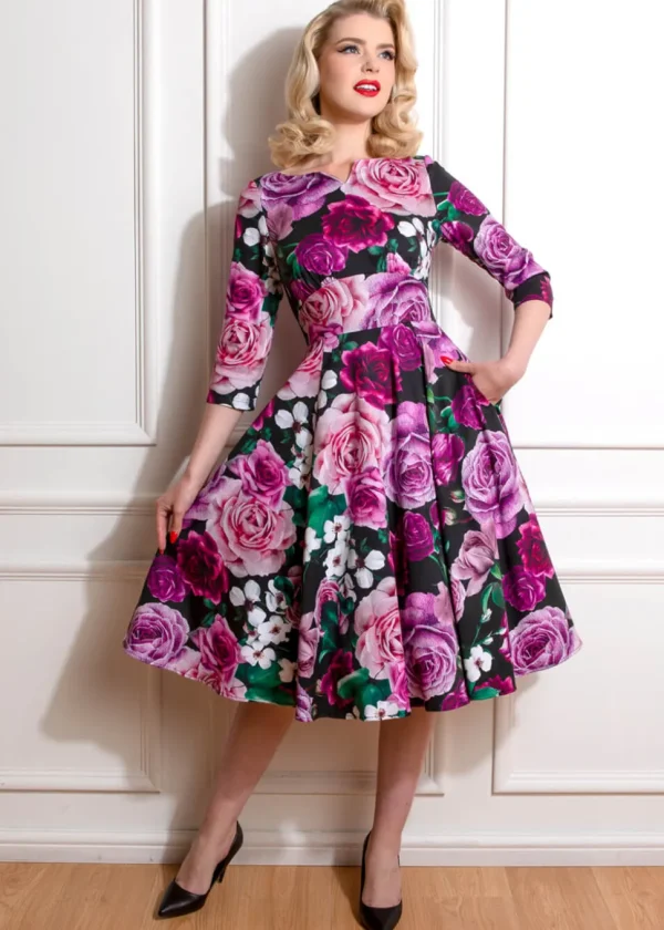 Hearts & Roses Sydney Floral 50's Swing Dress Purple