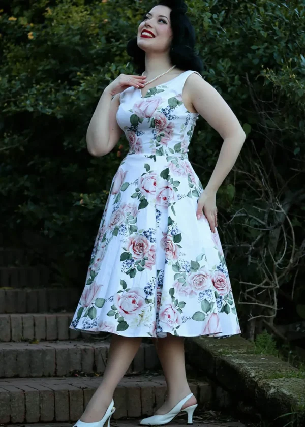 Hearts & Roses Vera Floral 50's Swing Dress White