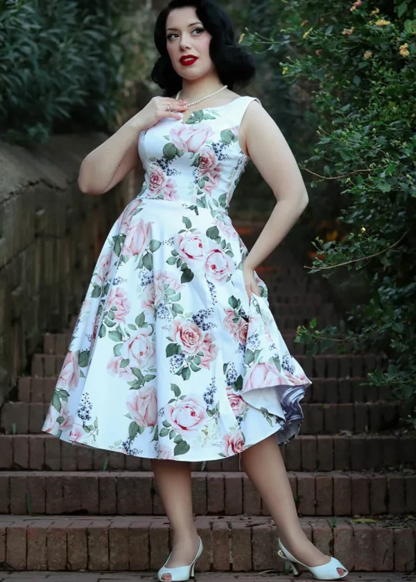 Hearts & Roses Vera Floral 50's Swing Dress White