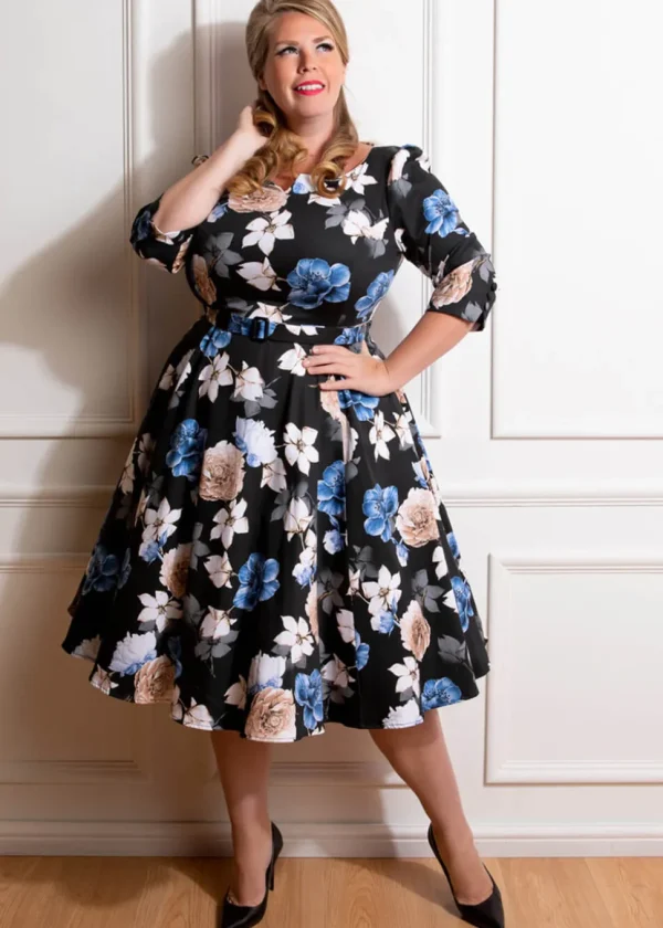 Hearts & Roses Zoe Floral 50's Swing Dress Black