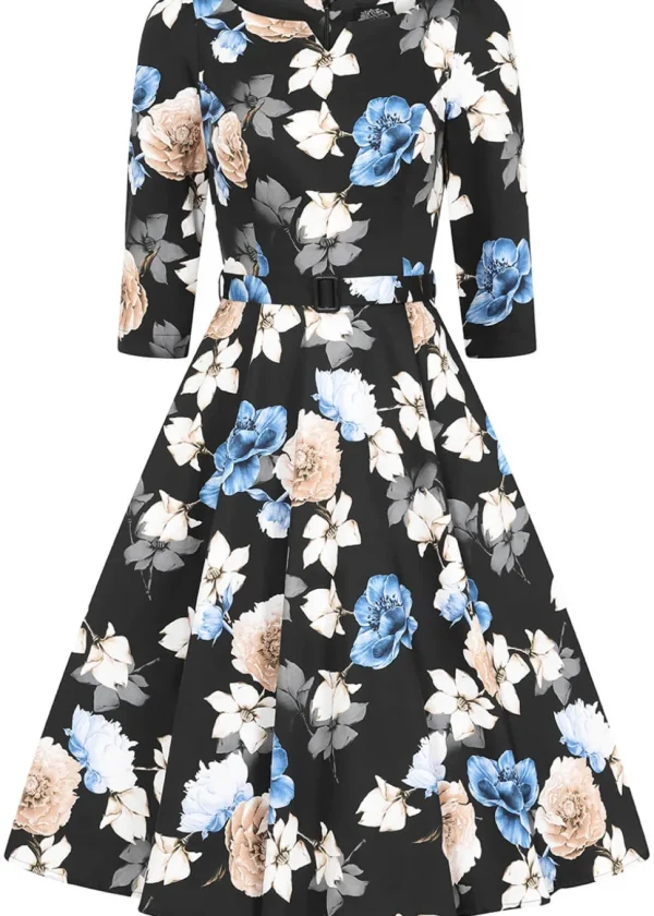 Hearts & Roses Zoe Floral 50's Swing Dress Black