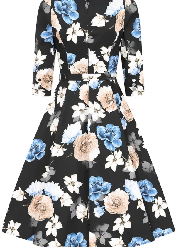 Hearts & Roses Zoe Floral 50's Swing Dress Black