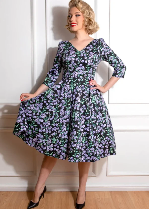 Hearts & Roses Aoife Floral 50's Swing Dress Black