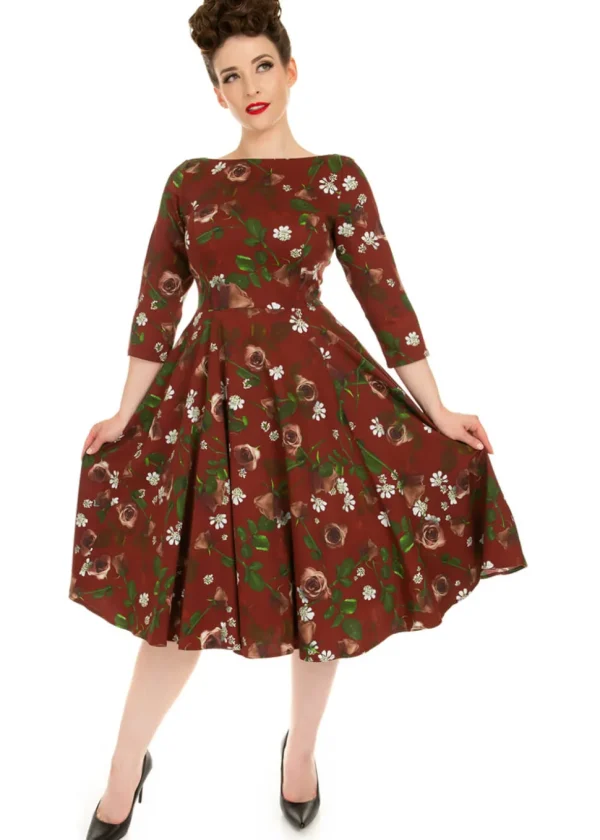 Hearts & Roses Francis Floral 50's Swing Dress Burgundy
