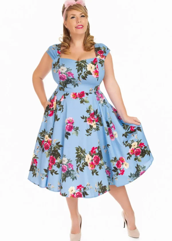 Hearts & Roses Jolene Floral 50's Swing Dress Blue