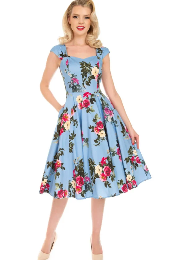 Hearts & Roses Jolene Floral 50's Swing Dress Blue