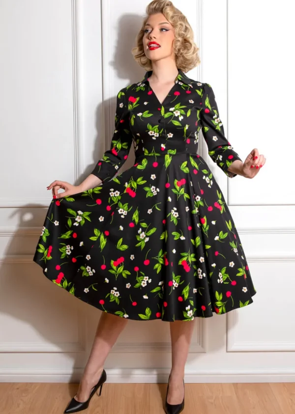 Hearts & Roses Natasha Cherry 50's Swing Dress Black