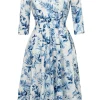 Hell Bunny Adeline Leaves 50's Swing Dress Blue