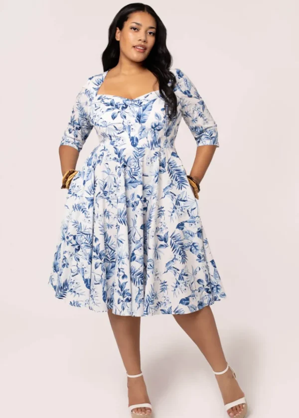 Hell Bunny Adeline Leaves 50's Swing Dress Blue