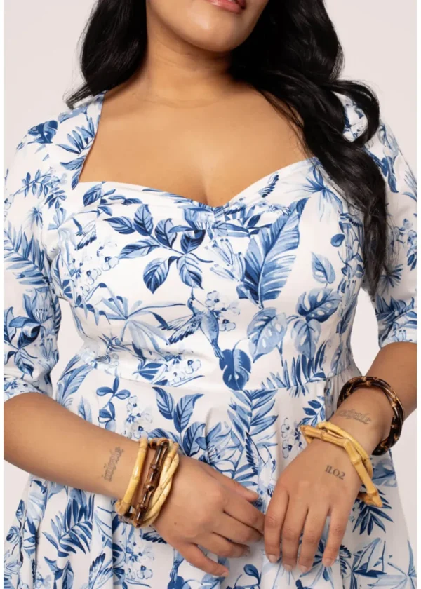 Hell Bunny Adeline Leaves 50's Swing Dress Blue
