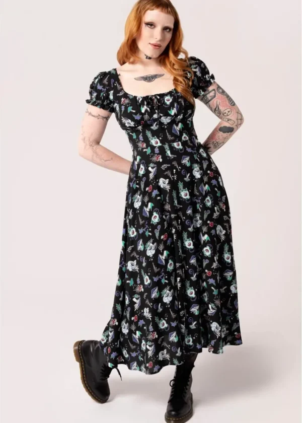 Hell Bunny Amanita Mushroom 70's Midi Dress Black