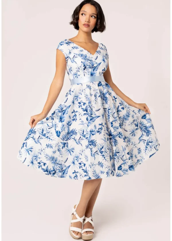Hell Bunny Amazilia Leaves 50's Swing Dress Blue