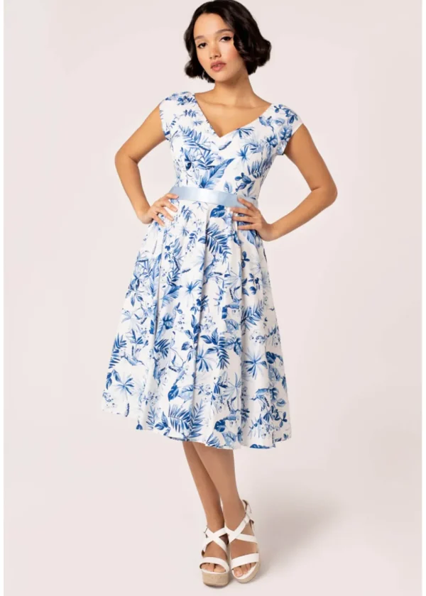 Hell Bunny Amazilia Leaves 50's Swing Dress Blue