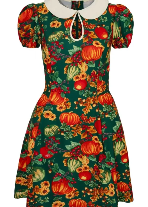 Hell Bunny Autumn Pumpkin 40's Mini Dress Green
